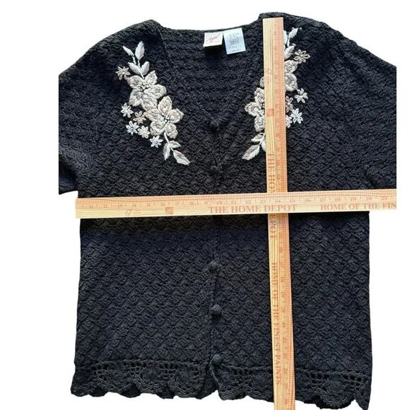 Vintage AGW Division of Graff Black Open Knit Cardigan XL Floral Embroidered - Picture 4 of 11